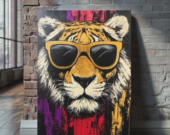 Funny Animal Canvas | Sunglasses Tiger Wall Art | Bold Jungle Decor for Men | Cool Pop Art Animal Print | Alpha Man Cave Statement Piece