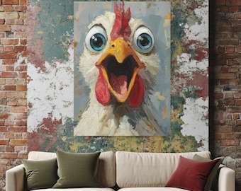 Divertente stampa su tela di pollo / Stampa bizzarra di fattoria / Animale stravagante / Arte murale da cortile