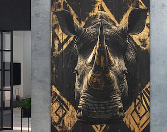 Art mural rhinocéros doré | Grand imprimé animal | Toile noire et dorée | Décoration d'intérieur animalière | Poster Safari de luxe