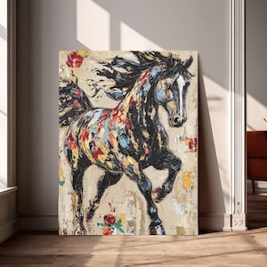 Running Horse Wall Art | Bold Abstract Stallion Canvas Print | Colorful Horse Painting Decor | Wild Animal Wall Art | Floral Horse Poster