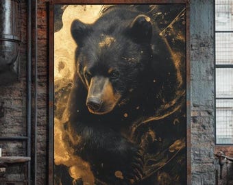 Black Bear Gold Animal Painting | Lodge Cabin Wildlife Wall Art Print