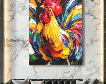 May include: A vibrant, colorful painting of a rooster with a red comb and wattle, yellow body, and a tail of blue, green, and yellow feathers. The artwork is displayed on a wall above a black leather sofa.