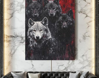 Quadro da parete con branco di lupi / Stampa su tela con animali selvatici oscuri / Decorazione per baita Alpha