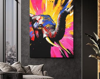Colorful Elephant Wall Art | Abstract Safari Animal Canvas | Wildlife Poster Print | Modern Luxury African Decor | Pop Art Jungle Painting