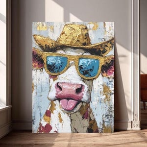 Lustige Kuh Leinwand Kunst | Bunte Landhaus Deko mit Sonnenbrille | Wunderliche Cowboy-Küchen-Dekor | Mutiges, schrulliges Tiergemälde | Moderne Kunst