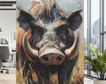 Quadro su tela con facocero / Dipinto di cinghiale audace, Decorazione rustica con animali, Stampa di fauna selvatica safari