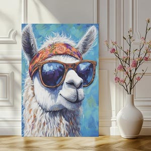 Llama Wall Art Canvas | Cool Llama Print | Funky Animal Decor | Hippie Llama Painting | Retro Llama Canvas | Boho Wall Art | Quirky Llama