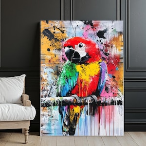 Colorful Parrot Wall Art | Abstract Bird Canvas Print | Vibrant Macaw Painting | Modern Exotic Bird Decor | Large Tropical Artwork