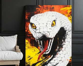 Snake Wall Art | Venomous Serpent Canvas | White Cobra Poster | Reptile Artwork for Home | Bold Snake Painting | Jungle Decor Print