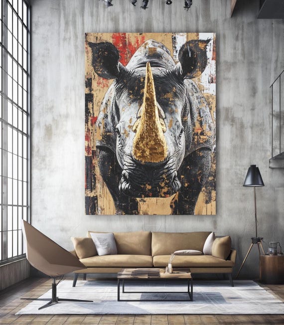 Rhino Wall Art, Black Gold Wildlife Canvas Print for Living Room
