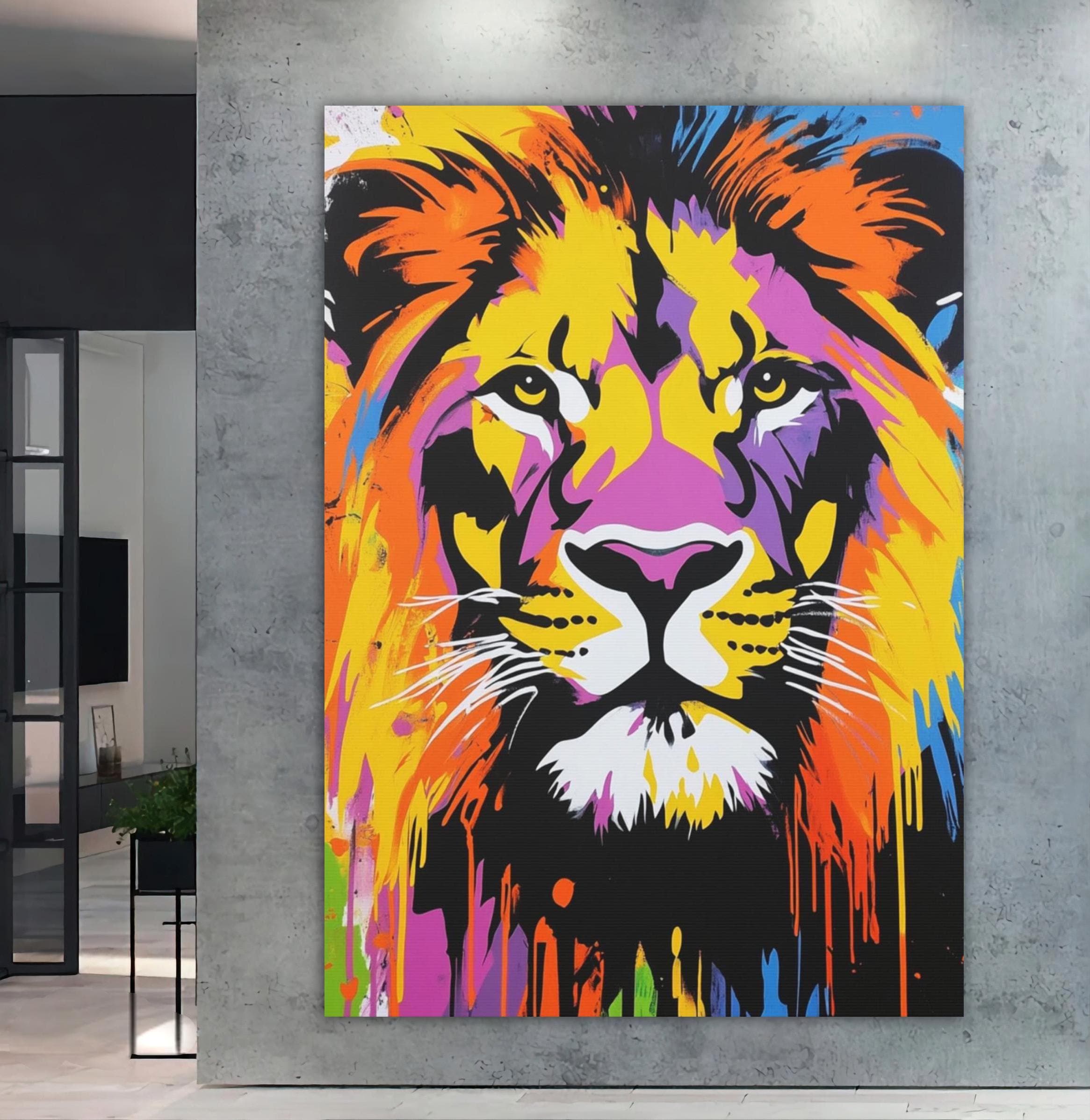 Vibrant Abstract Lion Canvas Painting | Colorful Wildlife Wall Art ...