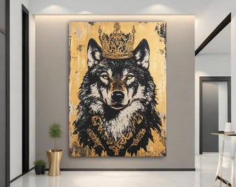 Royal Wolf Wall Art | Crowned Wolf Canvas Print | Alpha Animal Painting | Modern Luxury Gold Wolf Decor | Bold Wildlife Wall Art for Home