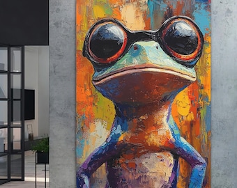 Stampa su tela con rana colorata / Decorazione murale con animale stravagante, rana moderna