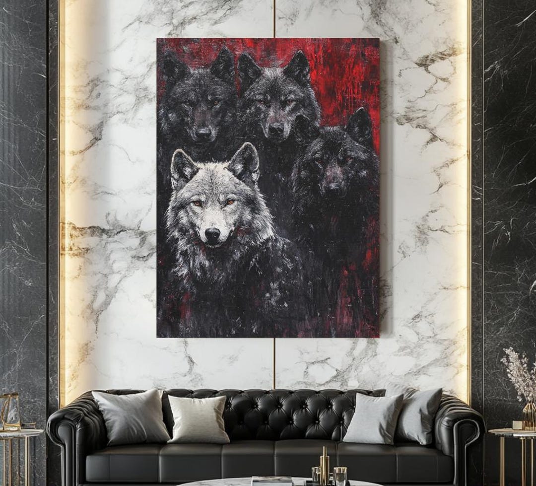 Alpha Wolf Pack Canvas Art | Red Black Spiritual Animal Leader Poster ...