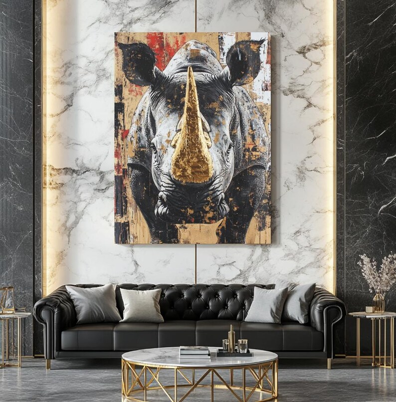 Pu&ograve; includere: Una grande opera d'arte su tela con un ritratto dettagliato di rinoceronte con un corno color oro. Il rinoceronte &egrave; raffigurato in tonalit&agrave; di grigio e nero, su uno sfondo di pennellate astratte rosse, bianche e marroni.