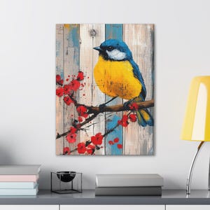 Impresión en lienzo de pájaro azul: arte de pared rústico de pájaro de granja