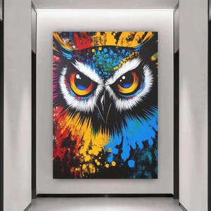 Colorful Owl Canvas Wall Art | Psychedelic Owl Painting | Vibrant Modern Bird Print for Dorm, Gift, Office, Boho Decor or Living Room Art