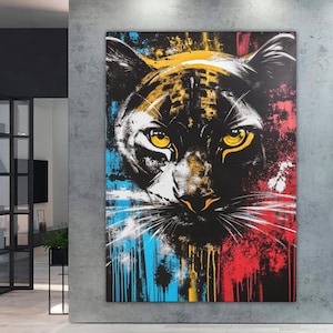 Black Panther Wall Art | Abstract Big Cat Canvas | Modern Jungle Animal Print | Fierce Panther Painting | Luxury Wildlife Decor Original Art