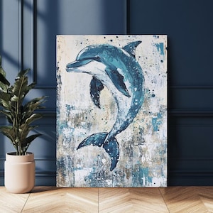 Delfin Wand Kunst | Verspielter blauer Delfin Leinwanddruck | Moderne Strand Haus Dekor | Meerestiere Gemälde | Badezimmer Deko
