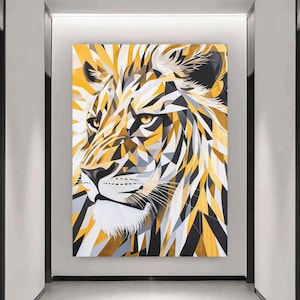Geometric Lion Wall Art | Modern Safari Animal Canvas | Abstract Jungle King Decor | Bold Polygon Lion Poster | Luxury Statement Art Print