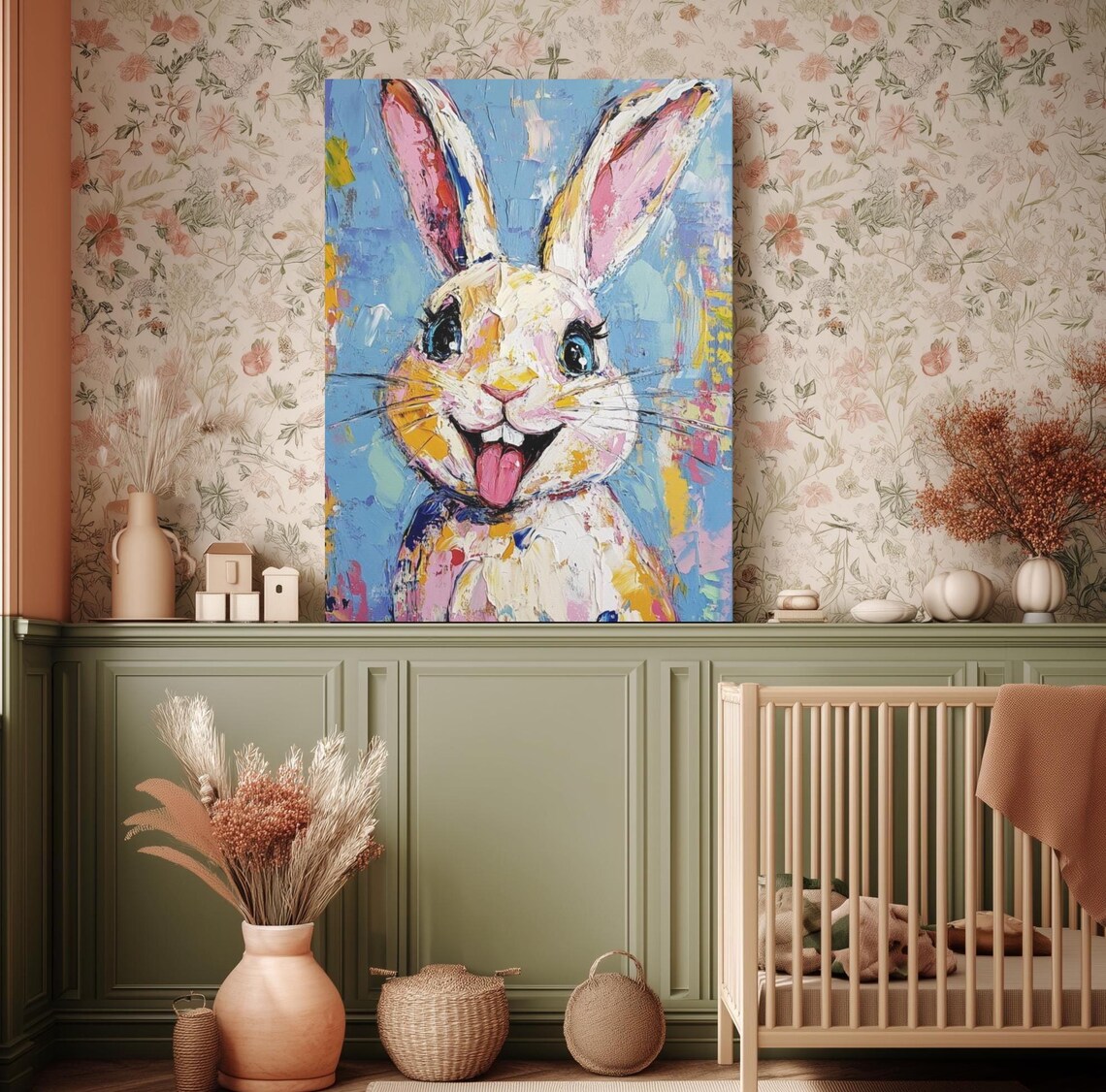 Whimsical Bunny Rabbit Art Print | Colorful Textured Nursery Wall Decor ...
