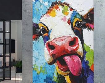 Cuadro de vaca colorida sobre lienzo / Pintura divertida de animales de granja, póster vibrante