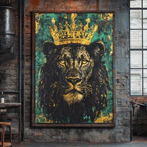 Art mural Lion noir couronné | Impression sur toile de la jungle royale | Décoration animalière de luxe Roi de la jungle | Oeuvre d&#39;art audacieuse pour le bureau ou la maison