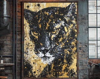 Black Panther Canvas Art | Gold Jungle Abstract Painting, Men's Room Decor