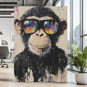 May include: A painting of a monkey wearing colourful sunglasses. The monkey has black fur and a light brown face. The background is a light brown colour.