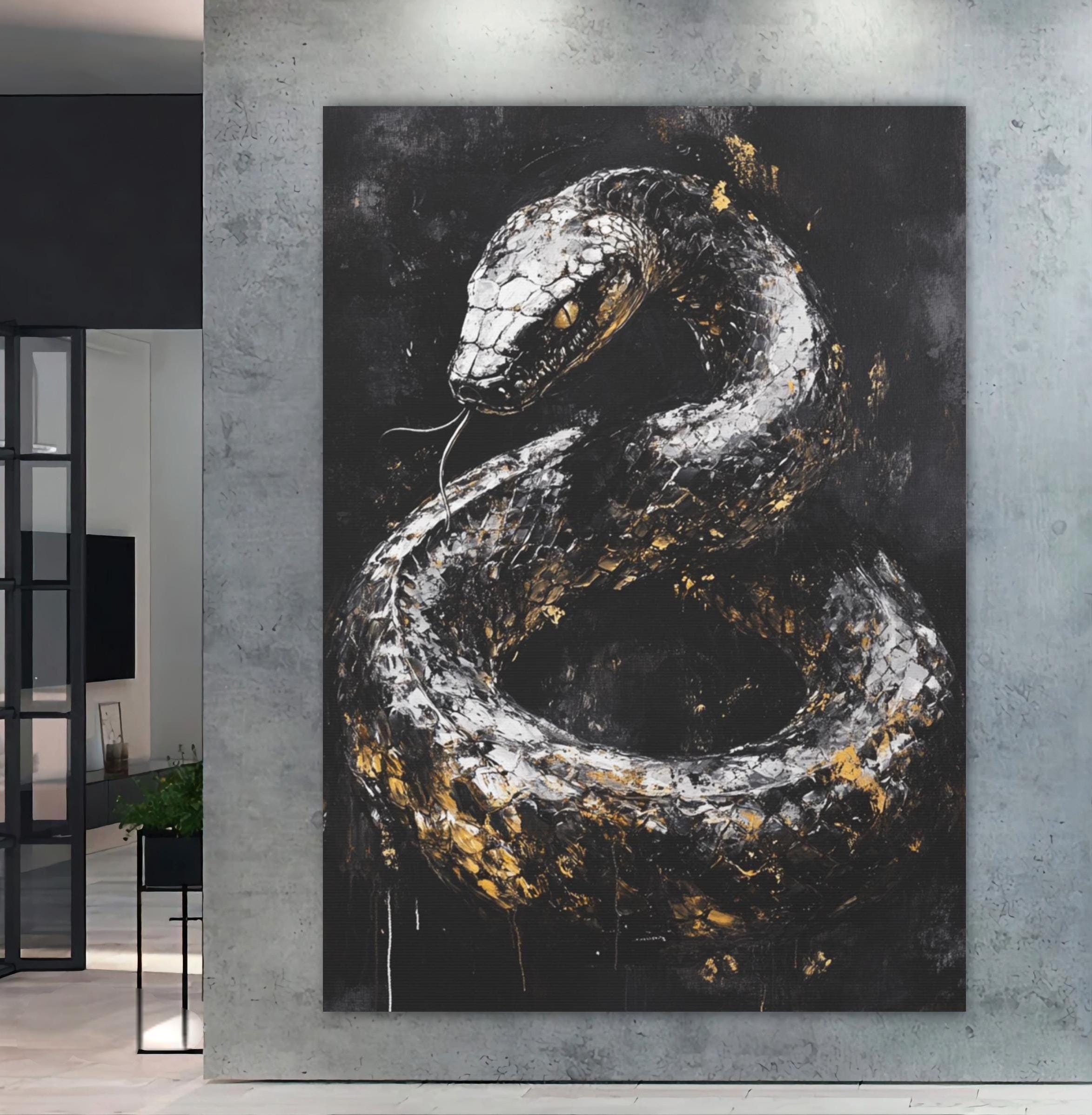 金色の蛇のキャンバスアート｜大胆な蛇の絵画、ダークな動物のアート