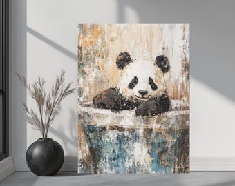 Niedliche Panda-Wand-Kunst | Rustikaler Panda Leinwanddruck | Bauernhaus Badezimmer Kinderzimmer Tier Dekor | Baby Panda Malerei | Neutrales Tier Wanddekor