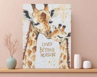 Cuadro infantil de mamá y bebé jirafa / Lámina con cita sobre el amor por los animales de safari