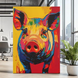Colorful Pig Canvas Wall Art | Farmhouse Animal Decor Print | Rustic Pig Painting | Vibrant Farmhouse Wall Decor | Country Kitchen Art