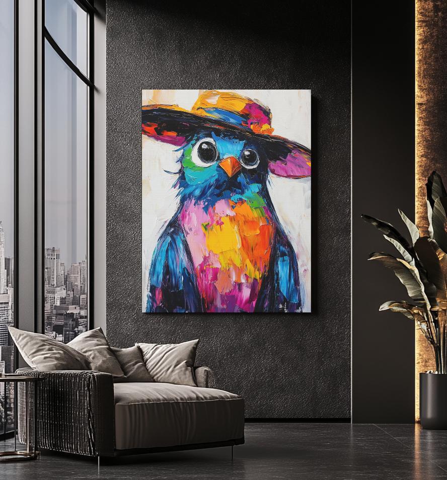 Colorful Bird Wall Art | Funny Quirky Bird Canvas Print With Hat ...
