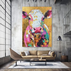Cow Painting | Colorful Farm Animal Wall Art | Funny Cow Print | Modern Farmhouse Wall Decor | Rustic Animal Painting | Whimsical Cow Art