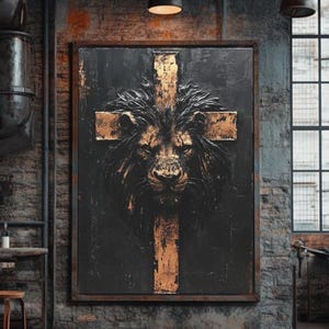 Lion of Judah Wall Art | Christian Lion Canvas Print | Cross and Lion Painting | Black and Gold Religious Decor | Bold Faith Animal Artwork