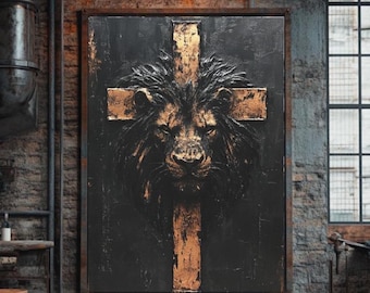 Stampa su tela del Leone di Giuda / Decorazione religiosa cristiana / Dipinto della croce di Gesù / Decorazione in nero e oro / Opera d'arte a tema religioso