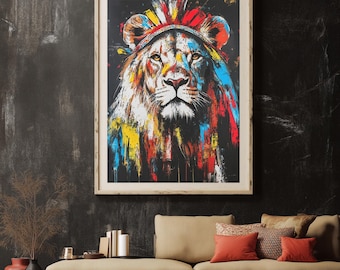 Lion Wall Art | Tribal Animal Canvas | Bold Lion Painting | Jungle Safari Decor | Abstract Wildlife Print | Modern Luxury Jungle Wall Art