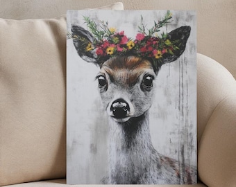 Floral Deer Nursery Art | Baby Fawn Canvas Print | Boho Woodland Wall Decor | Flower Crown Animal Poster | Cute Girl Room Wall Art