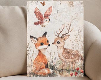 May include: A watercolor illustration of a fox and a deer looking at each other. The fox is orange and white, and the deer is brown with antlers. A brown owl with white markings flies above them. The background is a light beige with brown and green accents.