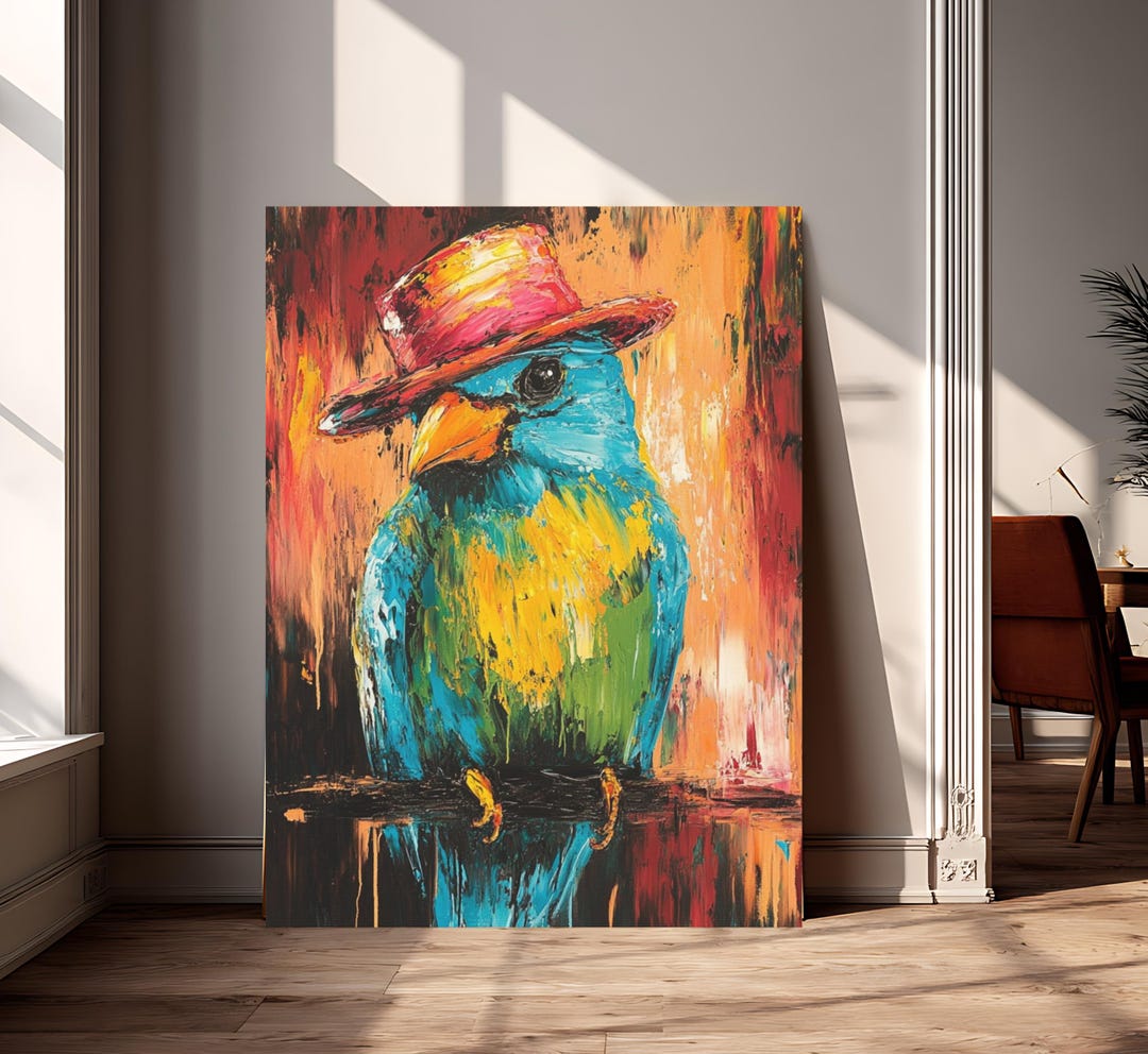 Colorful Bird Wall Art | Tropical Bird Canvas Print | Parrot in Hat ...