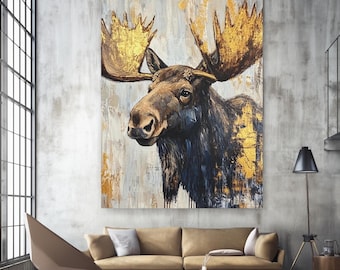 Stampa su tela con alce: decorazione rustica per baita, arte naturalistica con animali della foresta