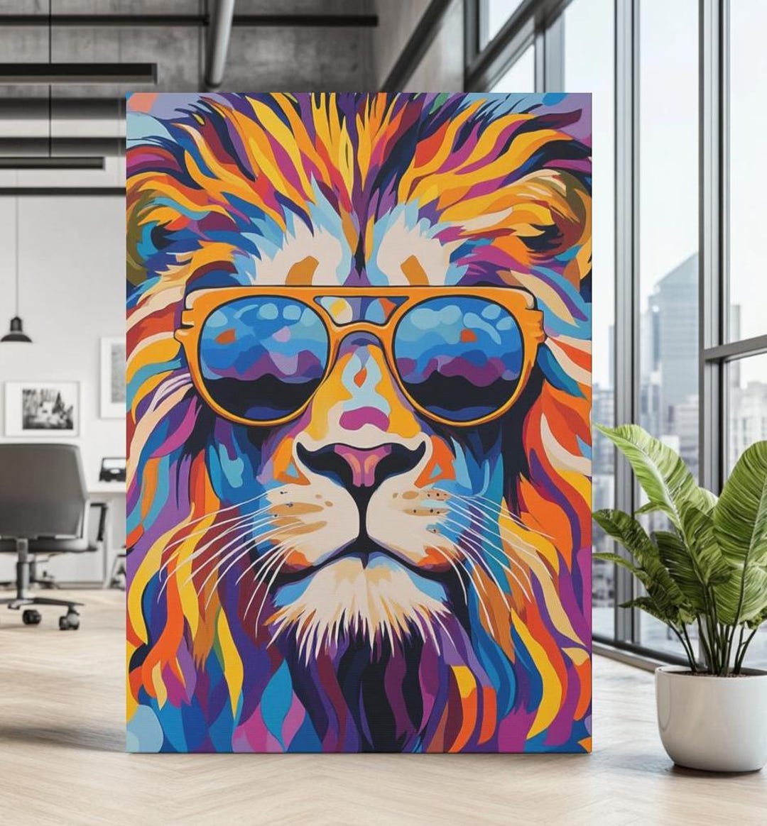 Colorful Lion Canvas Wall Art | Vibrant Lion Print With Glasses