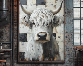 Highland Cow Canvas Wall Art | Farmhouse Animal Decor Print | Rustic Cow Painting | Scottish Highlander Artwork | Country Home Wall Art