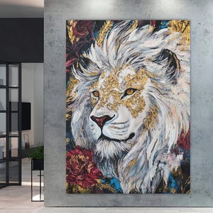 Art mural en toile lion blanc | Peinture animalière de luxe moderne | Poster royal du roi de la jungle | Décoration Safari accent doré | Oeuvre d&#39;art animalière audacieuse