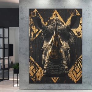 Gold Rhino Wall Art | Large Animal Print | Black & Gold Rhino Canvas | Wildlife Home Decor | Luxury Safari Poster | Modern Rhino Artwork