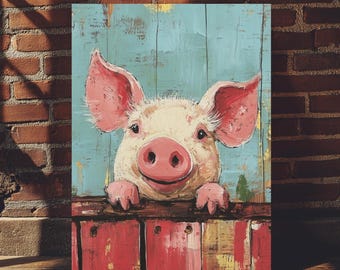 Cuadro rústico de cerdo sobre lienzo / Decoración de pared con animales de granja