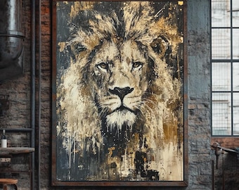 May include: A large abstract painting of a lion's face in gold, black, and white tones. The painting is framed in a dark wood frame and is hanging on a brick wall.
