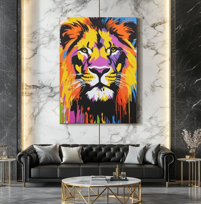 Vibrant Abstract Lion Canvas Painting | Colorful Wildlife Wall Art ...