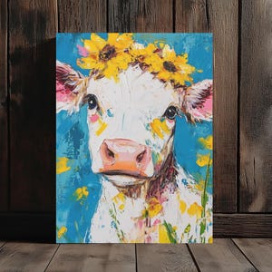 Flower Cow Canvas | Farmhouse Animal Wall Art | Baby Nursery Cow Print | Sunflower Cow Decor | Country Chic Room Poster | Cute Animal Gift